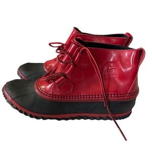 Never worn Sorel Out and About rain boot in red 8.5 as seen in Anthropologie
